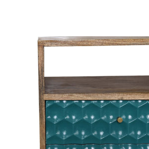 Honeycomb Carved Teal Bedside with Open Slot