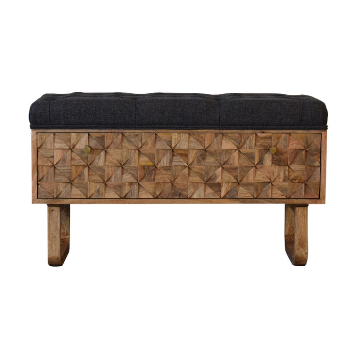 IN2145 - U-Shape Diamond Carved Black Tweed Storage Bench