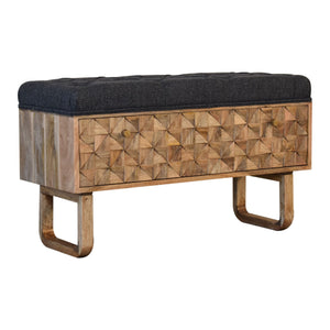 IN2145 - U-Shape Diamond Carved Black Tweed Storage Bench