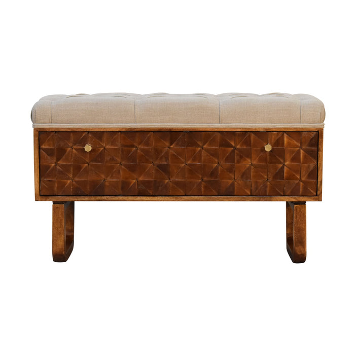 IN2146 - U-Shape Chestnut Diamond Carved Mud Linen Storage Bench