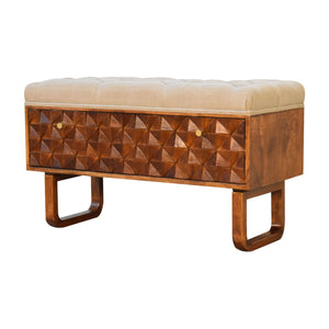 IN2146 - U-Shape Chestnut Diamond Carved Mud Linen Storage Bench