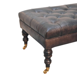 Buffalo Ash Black Leather Ottoman with Castor Legs