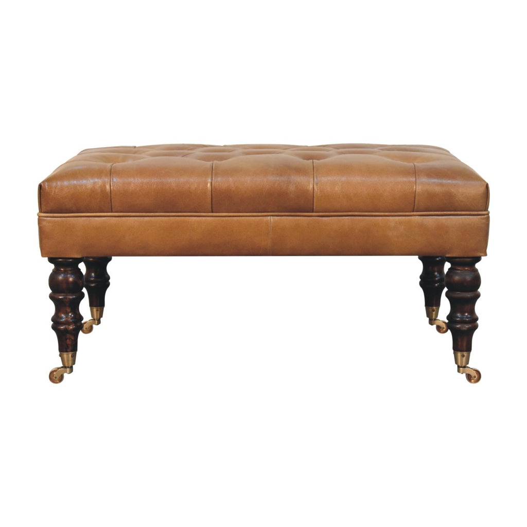 California Walnut Buffalo Green Leather Ottoman with Castor Legs