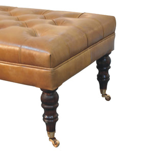 California Walnut Buffalo Green Leather Ottoman with Castor Legs