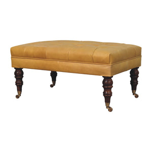 Honey Caramel Buffalo Ash Black Leather Ottoman with Castor Legs