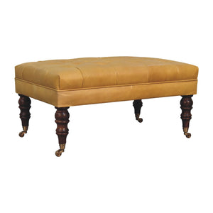 Honey Caramel Buffalo Ash Black Leather Ottoman with Castor Legs