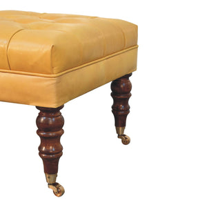 Honey Caramel Buffalo Ash Black Leather Ottoman with Castor Legs