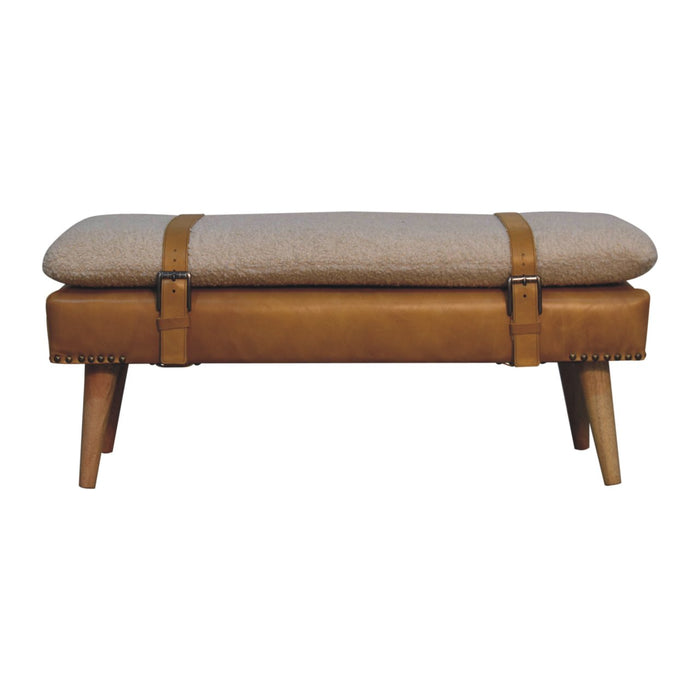 Bouclé Buffalo Hide Tan Leather Bench