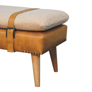 Bouclé Buffalo Hide Olive Green Leather Bench