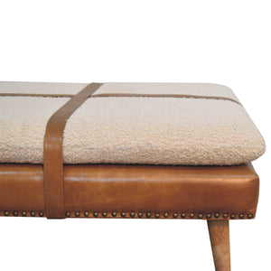 Large Square Bouclé Buffalo Hide Brown Leather Footstool