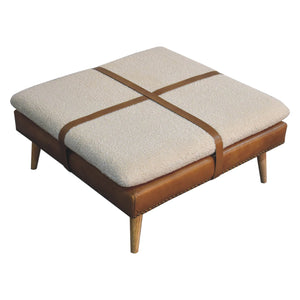 Large Square Bouclé Buffalo Hide Brown Leather Footstool