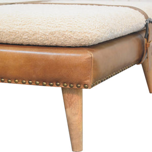 Large Square Bouclé Buffalo Hide Brown Leather Footstool