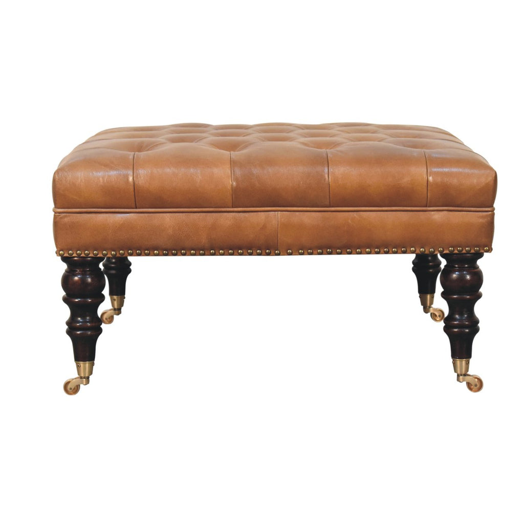 Studded Buffalo Tan Leather Ottoman with Castor Legs