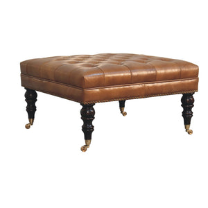 Studded Buffalo Tan Leather Ottoman with Castor Legs