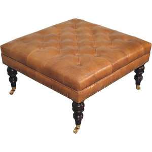 Studded Buffalo Tan Leather Ottoman with Castor Legs