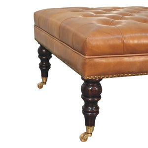 Studded Buffalo Tan Leather Ottoman with Castor Legs