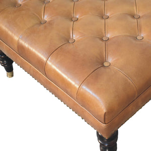 Studded Buffalo Tan Leather Ottoman with Castor Legs