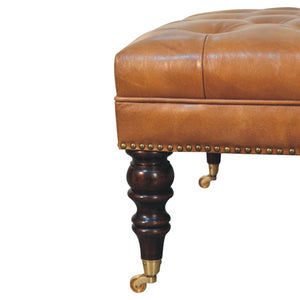 Studded Buffalo Tan Leather Ottoman with Castor Legs