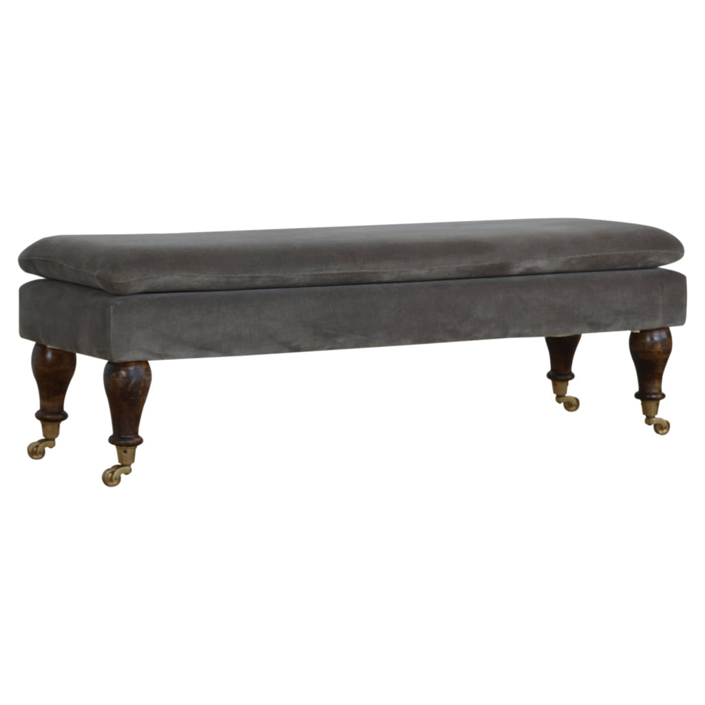 Grey Velvet Bench with Castor Feet