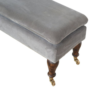 Grey Velvet Bench with Castor Feet