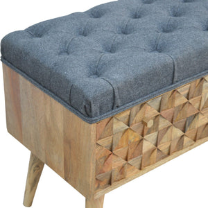 Diamond Carved Grey Tweed Storage Bench