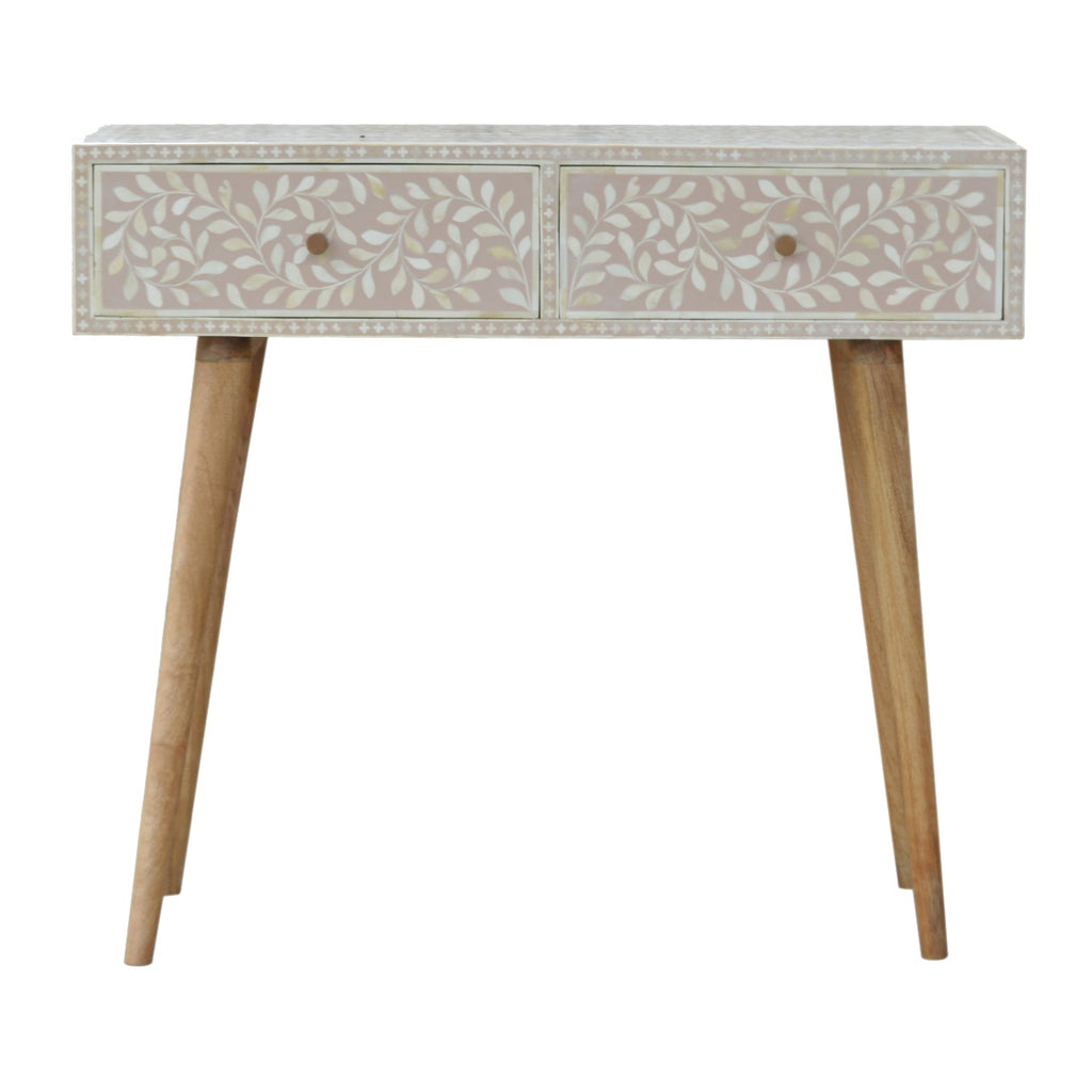 Light Taupe Floral Bone Inlay Console Table