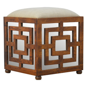 Hand Carved Square Footstool with Linen Seat Pad