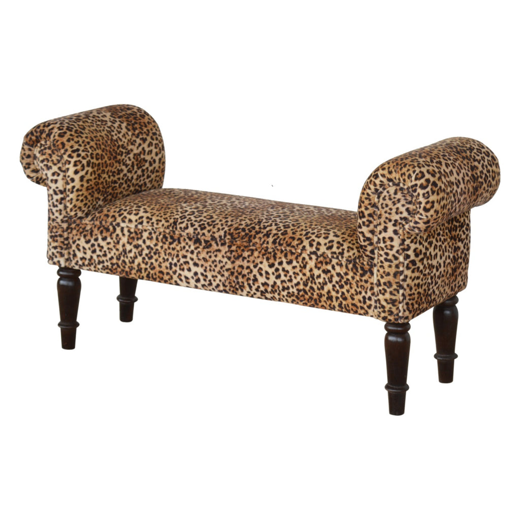 Leopard Print Velvet Bench with Turned Feet