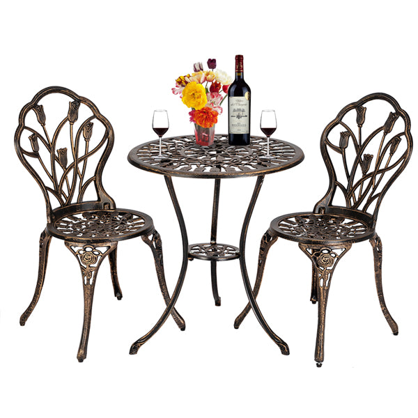 European Style Cast Aluminum Outdoor 3 Piece Tulip Bistro Set of Table and Chairs Bronze