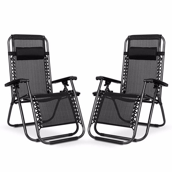 Luxury Garden Party 2 x Sun Lounger Garden Chairs with Cup Holder and Headrest Pillow Zero Gravity Chair Heavy Duty Textoline Chair Black