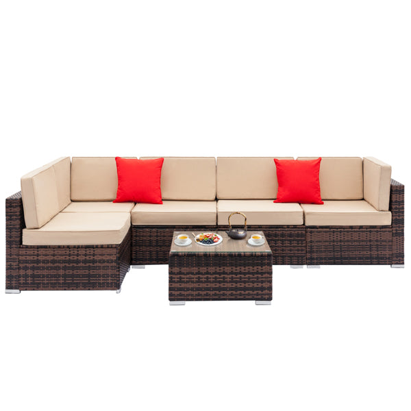 Fully Equipped Weaving Rattan Sofa Set with 2pcs Corner Sofas & 3pcs Single Sofas & 1 pcs Coffee Table Brown Gradient