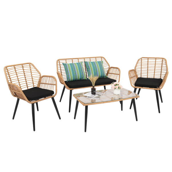 PE Steel Outdoor Wicker Rattan Chair Four-Piece Patio Furniture Set Yellow