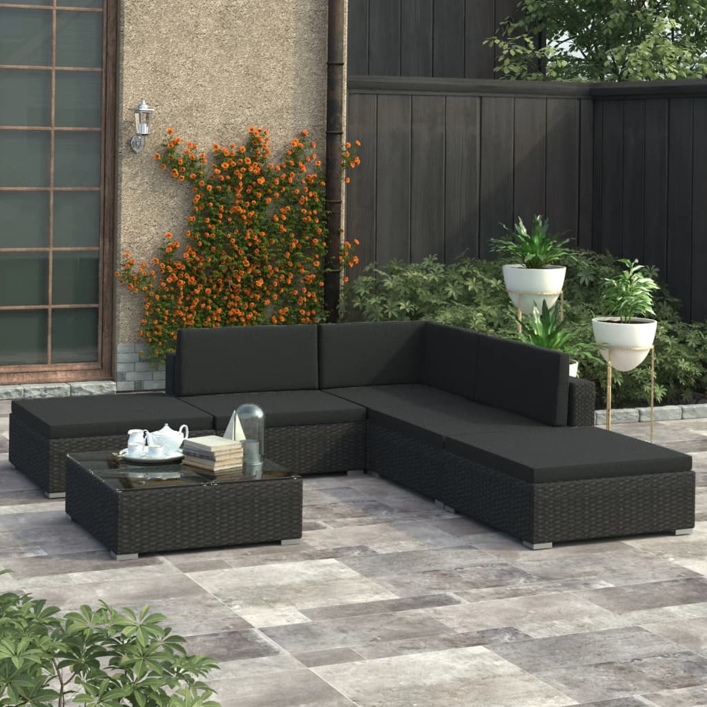 vidaXL 6 Piece Garden Lounge Set with Cushions Poly Rattan Black