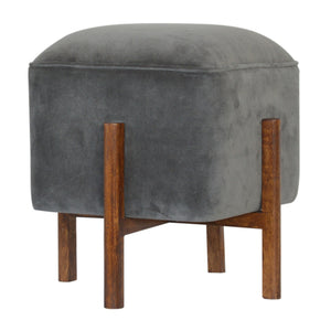 Grey Velvet Footstool with Solid Wood Legs