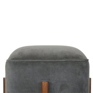 Grey Velvet Footstool with Solid Wood Legs