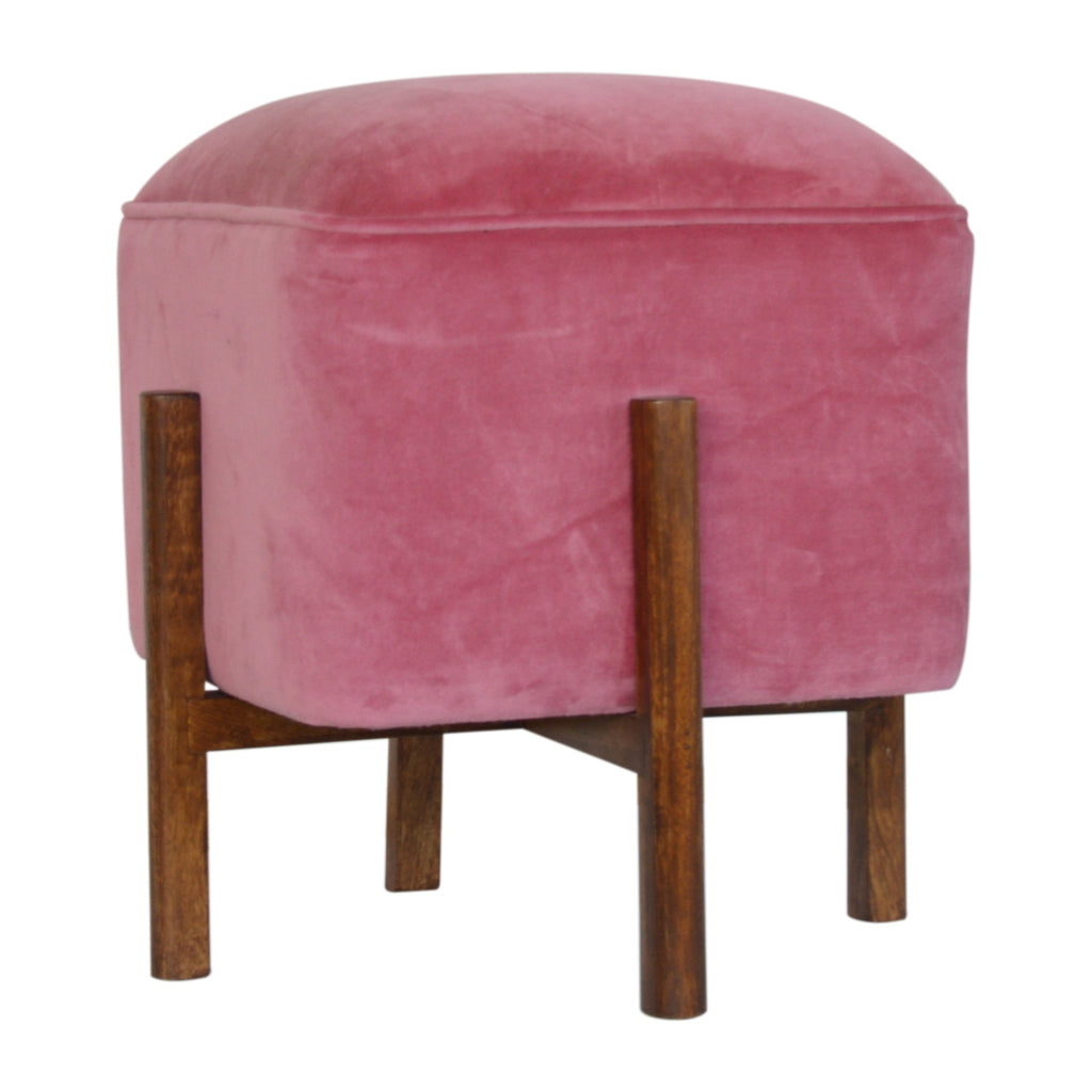 Pink Velvet Footstool with Solid Wood Legs