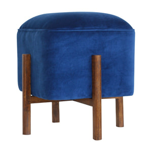 Royal Blue Velvet Footstool with Solid Wood Legs