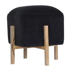 Black Velvet Footstool with Solid Wood Legs