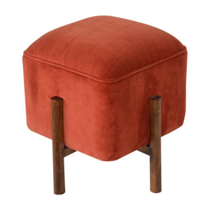 Brick Red Velvet Footstool with Solid Wood Legs