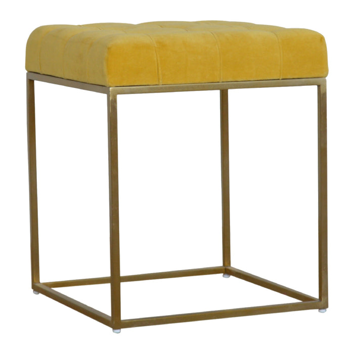 Mustard Velvet Footstool with Gold Base