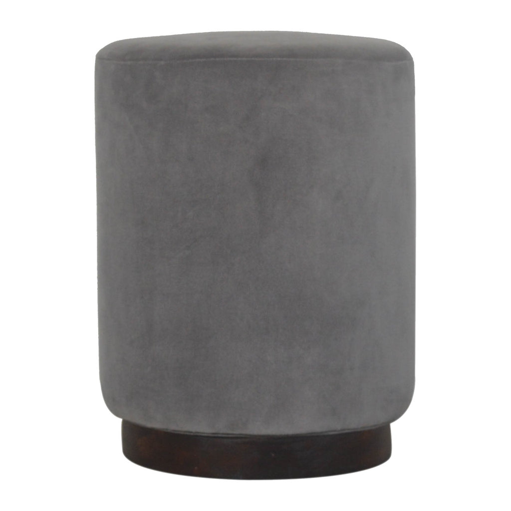 Grey Velvet Footstool with Wooden Base