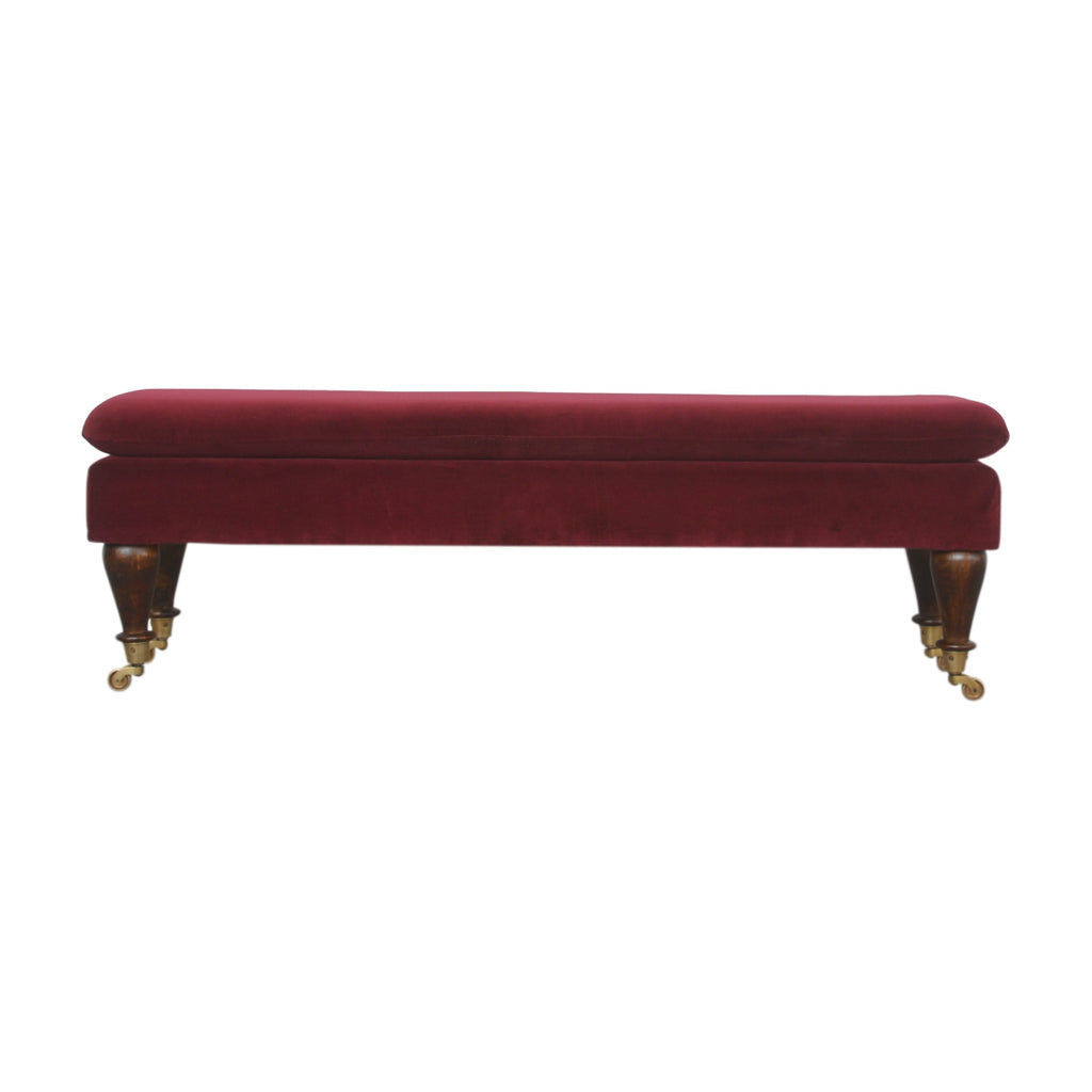 Wine Red Velvet Bench with Castor Feet