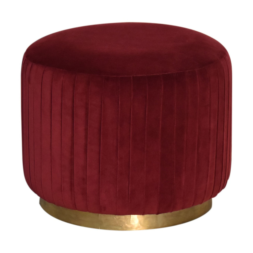 Wine Red Cotton Velvet Pleated Footstool with Gold Base