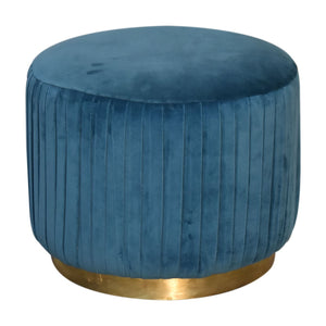 Teal Cotton Velvet Pleated Footstool with Gold Base