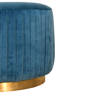 Teal Cotton Velvet Pleated Footstool with Gold Base