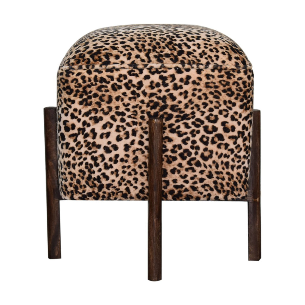 Leopard Print Footstool with Solid Wood Legs