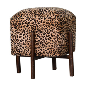 Leopard Print Footstool with Solid Wood Legs