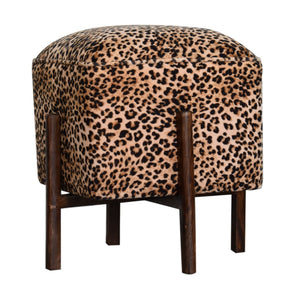 Leopard Print Footstool with Solid Wood Legs