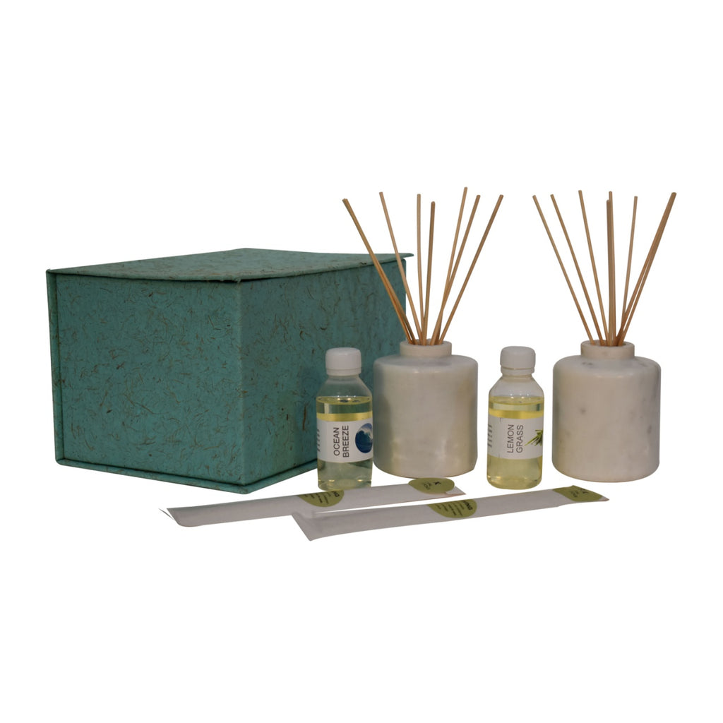 White Marble Reed Diffuser Set (Lemon Grass  & Ocean Breeze)