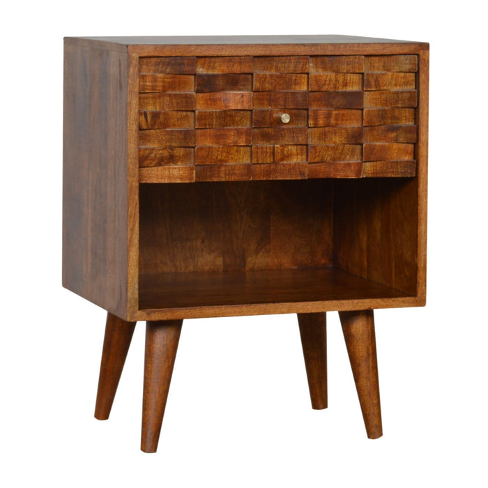 Tile Carved Chestnut Bedside with Open Slot